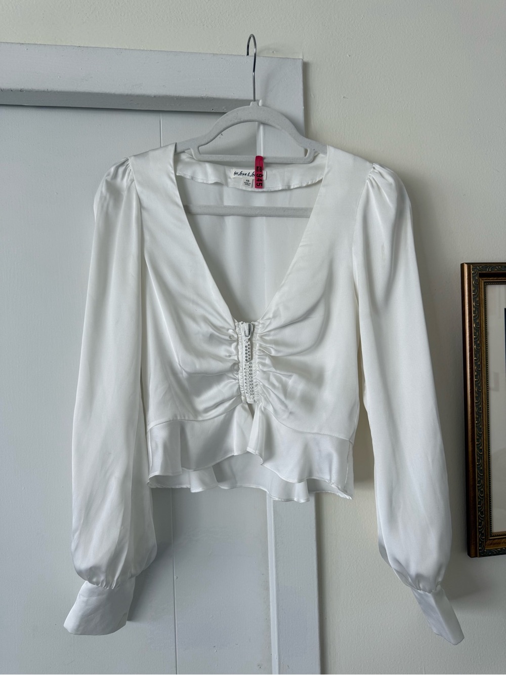 For Love & Lemons White Satin Ruched V-Neck Peplum Blouse